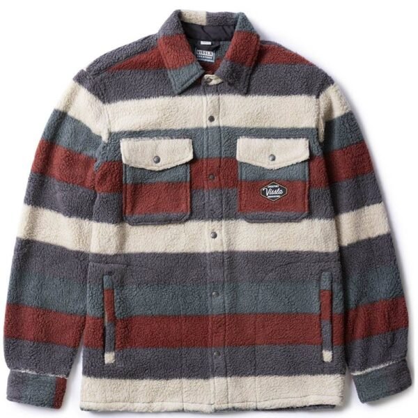 Vissla Peaks Sherpa Woven Shirt in Fired Brick with striped design, front view.