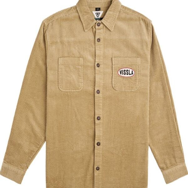 Vissla Blink Woven Shirt in light khaki, front view with button-up design.