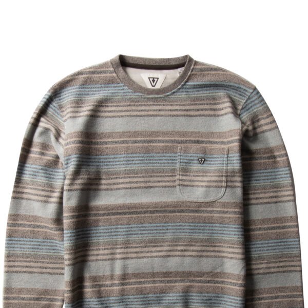 Vissla Beacons Pkt Crew sweatshirt in java with striped design and chest pocket.