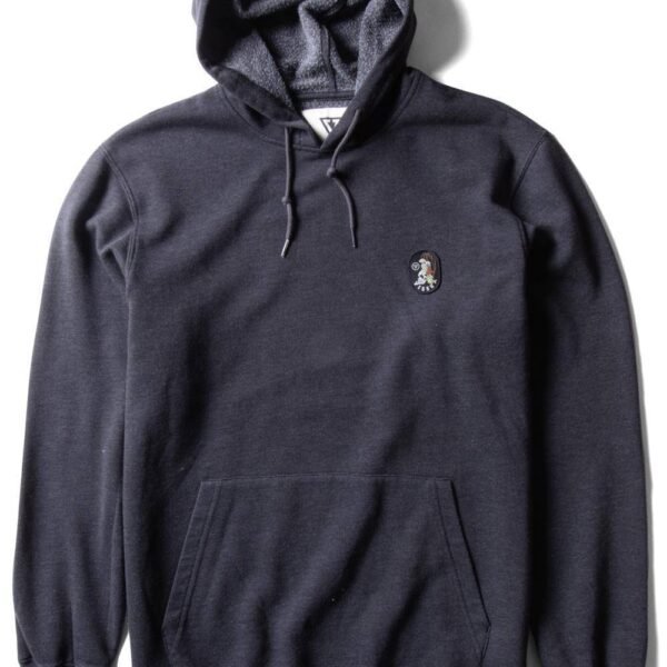 Vissla Solid Sets Eco PO Hoodie in Black Heather with front pocket and hood.