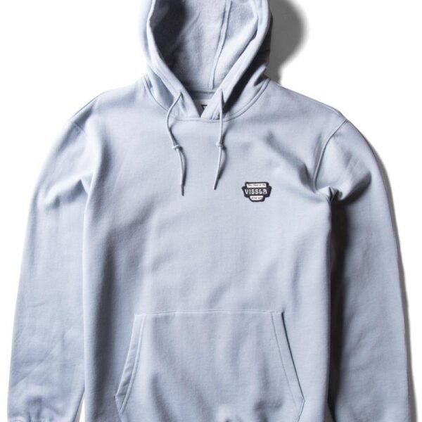 Vissla Solid Sets Eco PO Hoodie in stone blue with front pocket and logo.