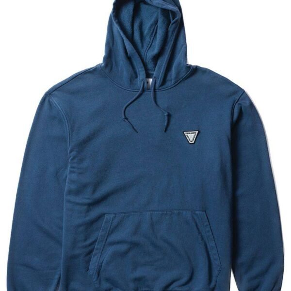 Vissla Solid Sets Eco Po Hoodie in SEA blue, front view with logo patch.