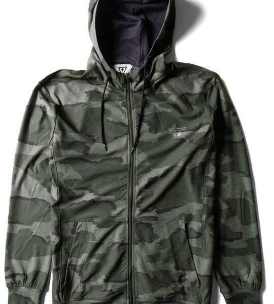 Vissla Comp Lite Eco Zip Hoodie in camo pattern with full front zipper.