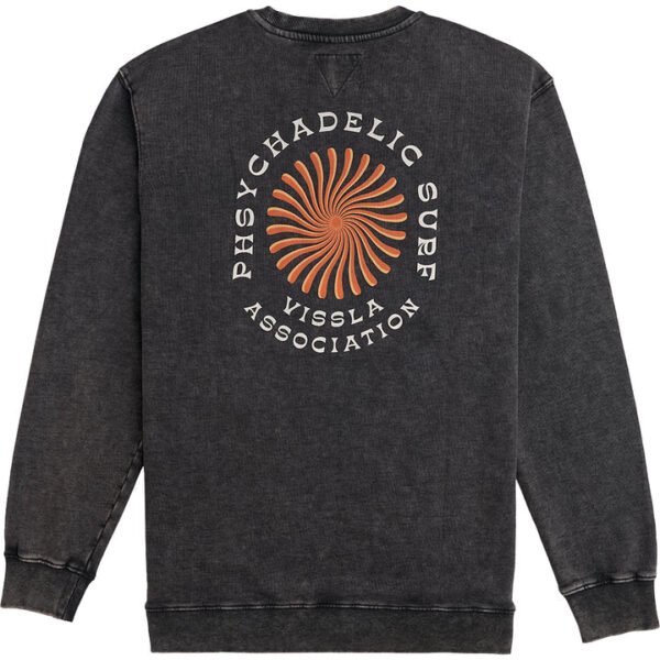 Back view of Vissla Psycho Surf Crew Fleece in Phantom with bold graphic design.