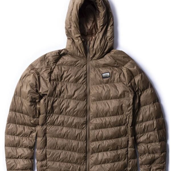 Vissla Pacific Packable Eco Puff Jacket in brown, front view with hood.