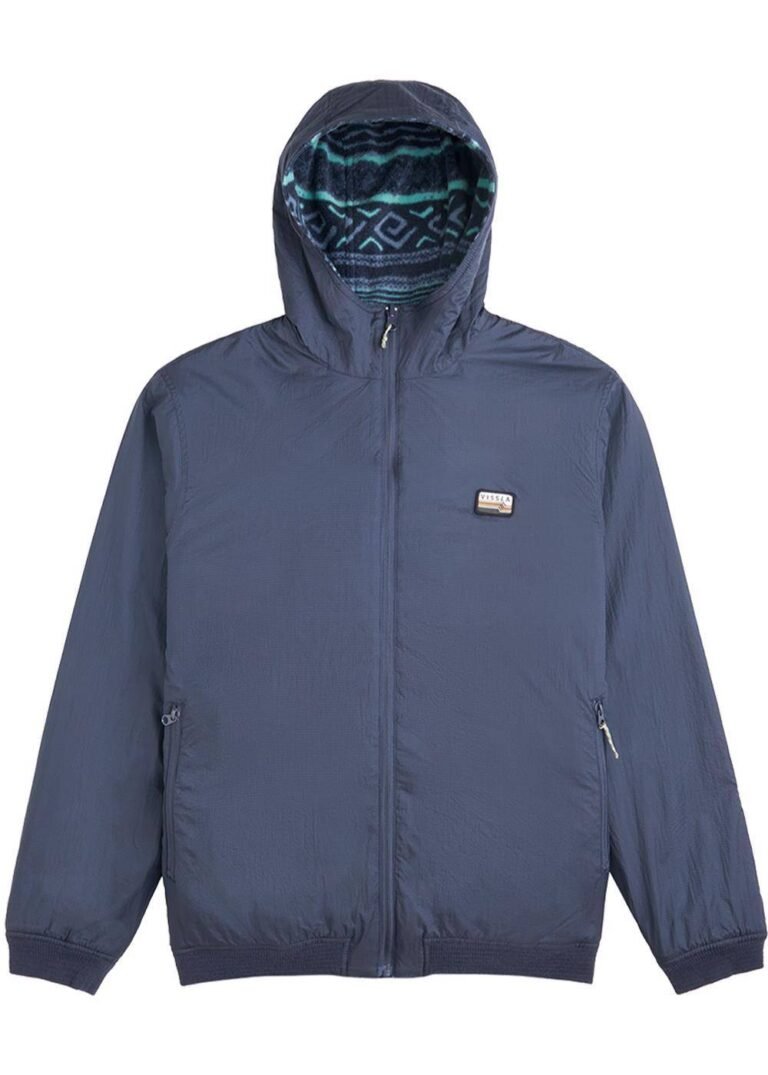 Vissla Sequoia Reversible Jacket in dark navy with a sleek hooded design.