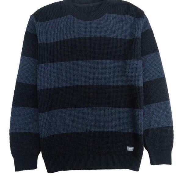 Vissla Creators Oaxaca Eco Crew Sweater in dark naval with striped design.