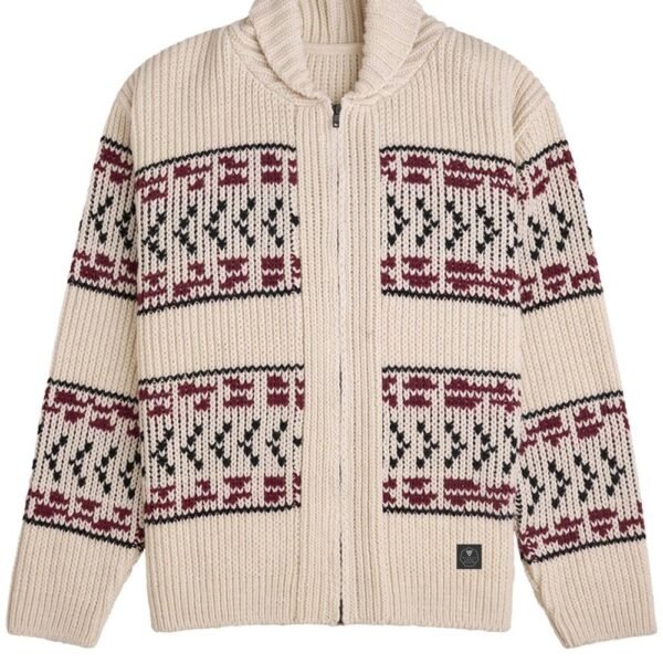 Vissla Rancher Jacquard Gilet, heavy-weight cardigan with front zip, beige with patterned design.