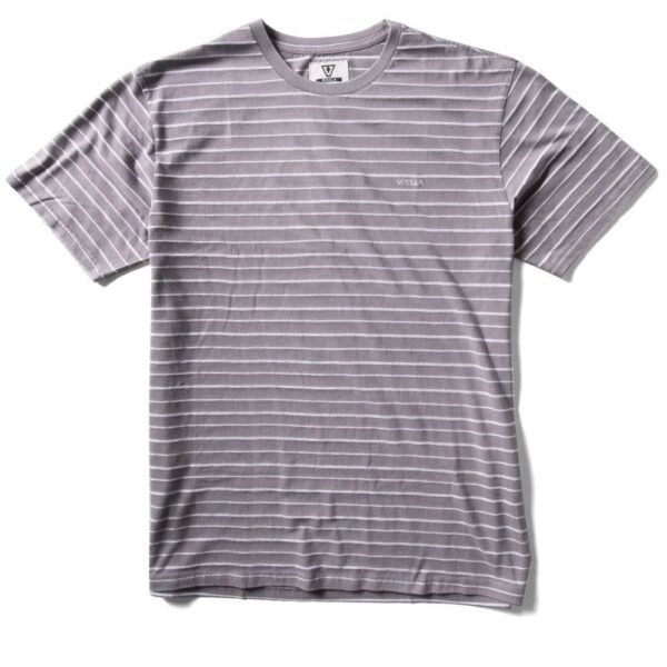 Vissla Rock Pile Tee in gray with white horizontal stripes, short sleeves.