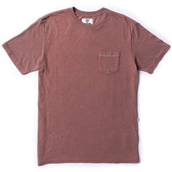 Vissla Solid Sets Pkt Tee in fired brick color, front view with pocket.