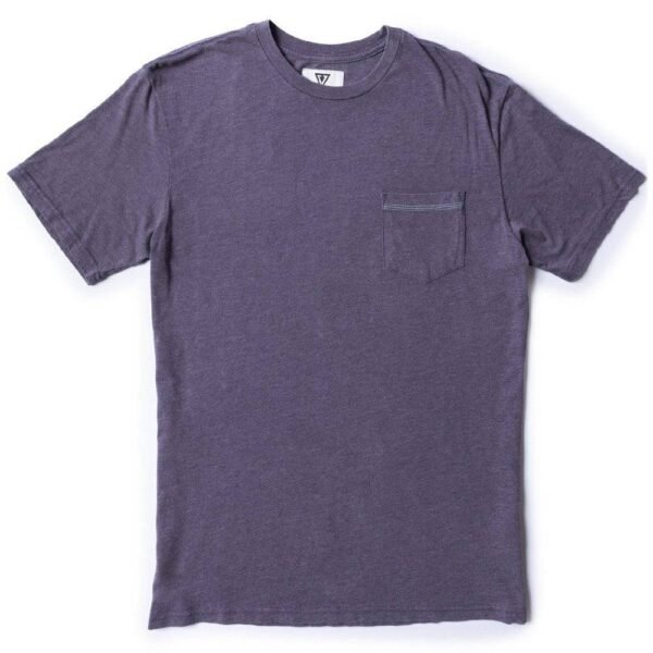 Vissla Solid Sets Ss Pkt Tee in Purple Haze, front view with pocket detail.