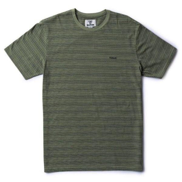 Vissla Creek Ss Tee in fatigue green with subtle stripe design, front view.