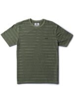Vissla Creek Ss Tee, fatigue green, featuring minimalist stripe pattern, front view.