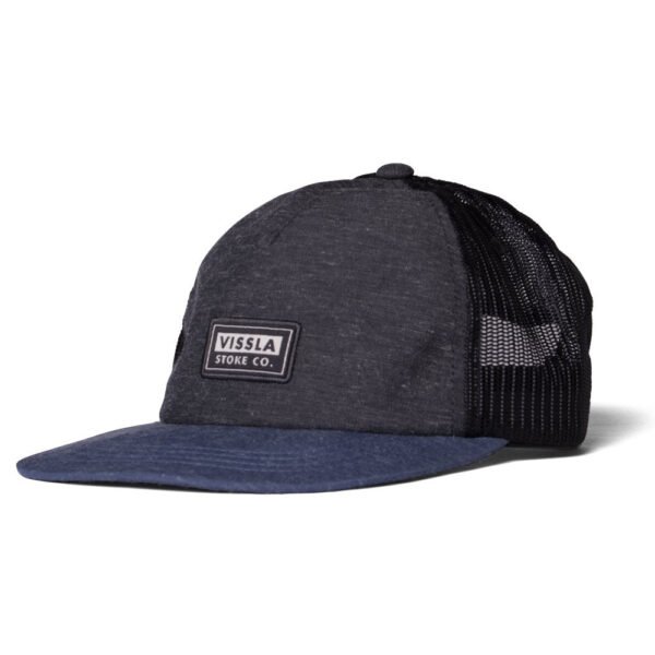 Vissla Lay Day Eco Trucker II Hat in black and navy with mesh back.