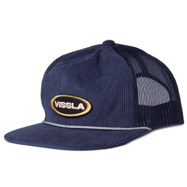 Vissla Daybreak Eco Trucker Hat in navy with front logo patch and mesh back.