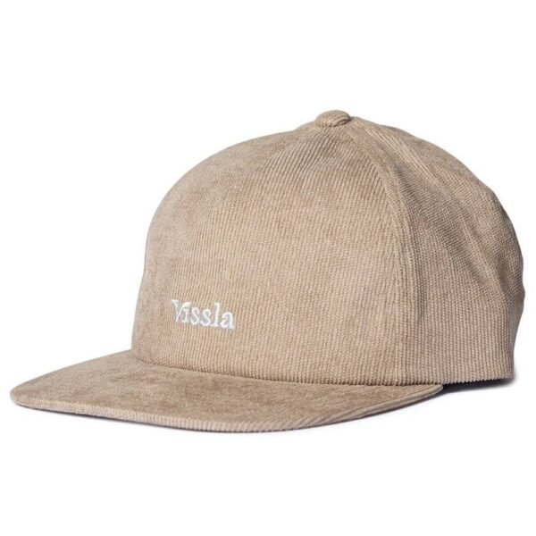 Vissla Resin Head Hat in beige corduroy with embroidered logo on front.