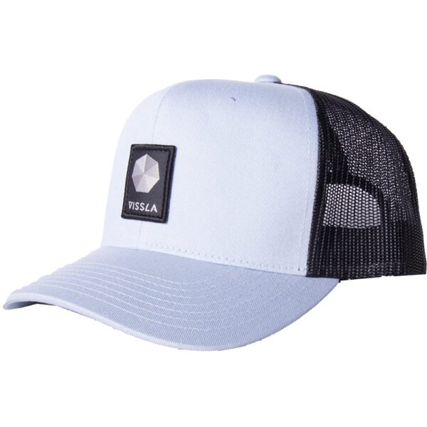 Vissla Spectrum Eco Trucker Hat in light blue with black mesh back.