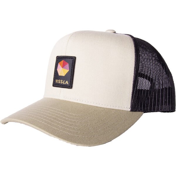 Vissla Spectrum Eco Trucker Hat in KHA with front logo patch and curved brim.