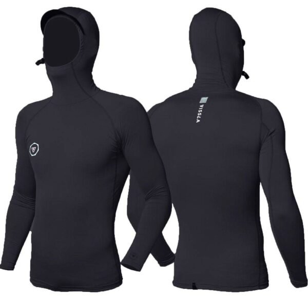 Vissla Warm Seas Eco Hooded Lycra in black, long-sleeve rash guard with hood.