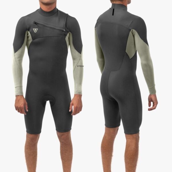 Vissla Natural Seas 2-2 LS Spring wetsuit, front and back view, black and olive design.