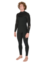 Vissla New Seas 5-4 U-Zip Wetsuit in black, front-side angle view.