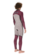 Vissla New Seas 5-4 U-Zip Wetsuit in maroon interior, back angle view.