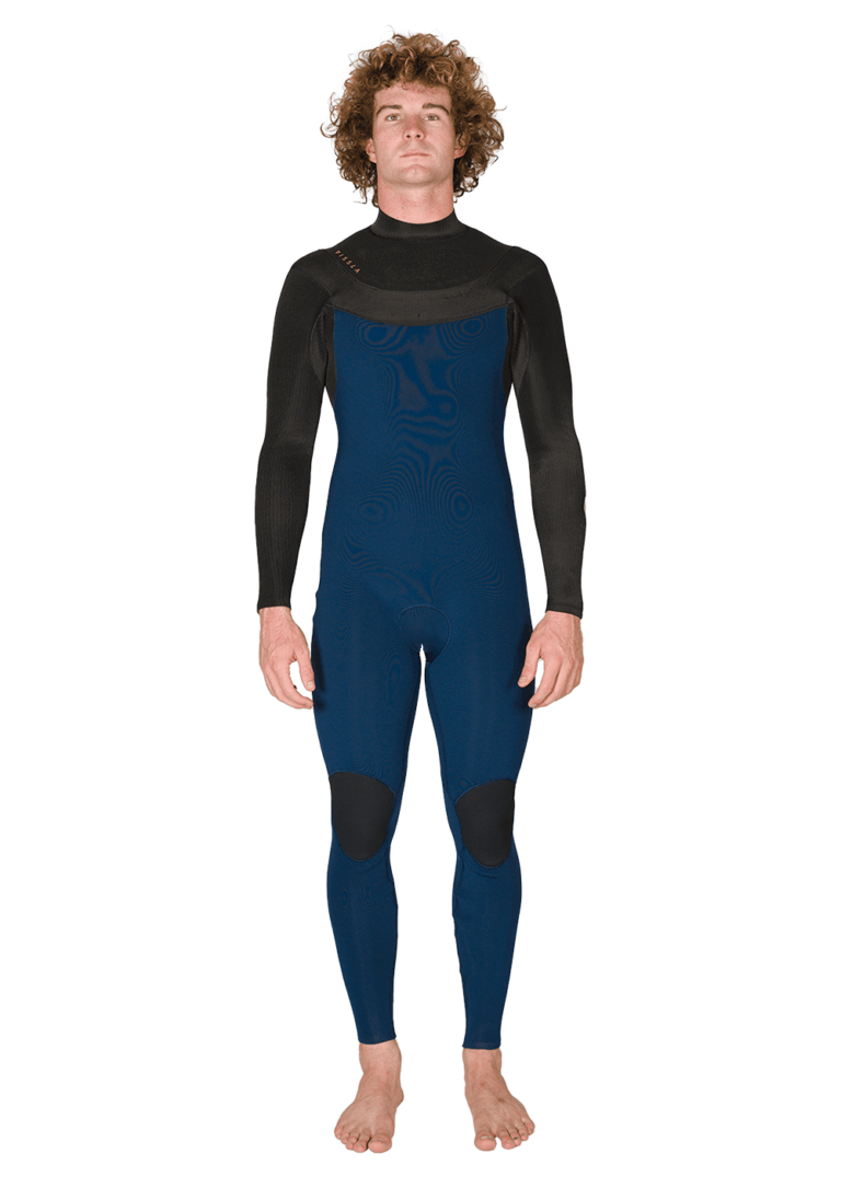 Vissla New Seas 4-3 U-Zip Wetsuit in black and blue, front view.