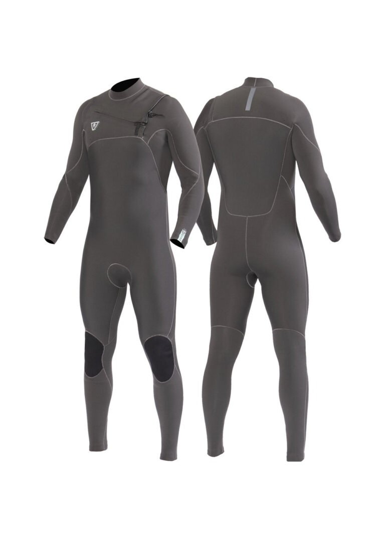 VIssla 7 Seas Comp 4-3 Chest Zip Full Suit in graphite, front and back view.