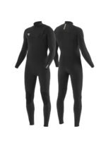 Vissla 7 Seas Comp 3-2 chest zip wetsuit in black, front and back views.