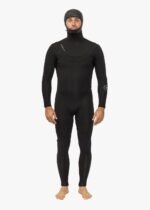 Front view of Vissla New Seas 4-3 Hooded V-Zip Wetsuit in black.