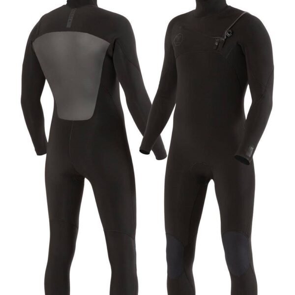 Vissla 7 Seas 5-4 hooded chest zip wetsuit in black, front and back view.