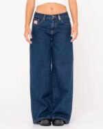 Front view of Rusty Low Rise Super Wide Leg Jean in dark blue denim.