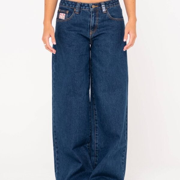 Front view of Rusty Low Rise Super Wide Leg Jean in dark blue denim.