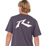 Close-up back view of Rusty Competition short sleeve tee with bold white logo.