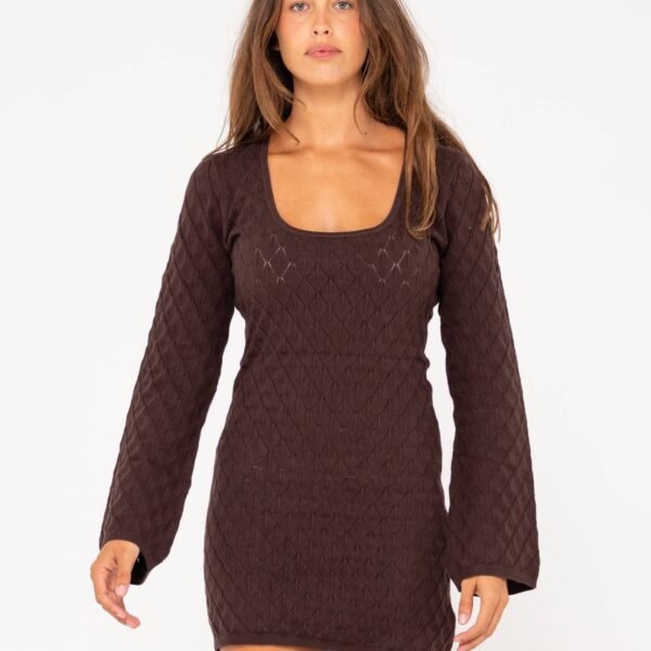 Rusty Leo long sleeve knit mini dress in brown with a scoop neckline.