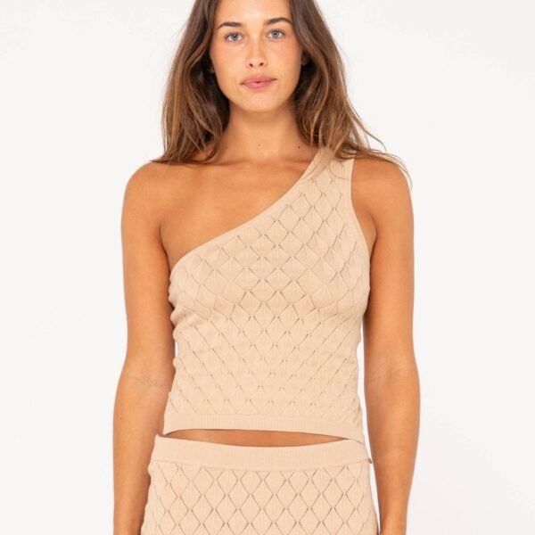 Rusty Leo one shoulder top in beige with textured diamond pattern.