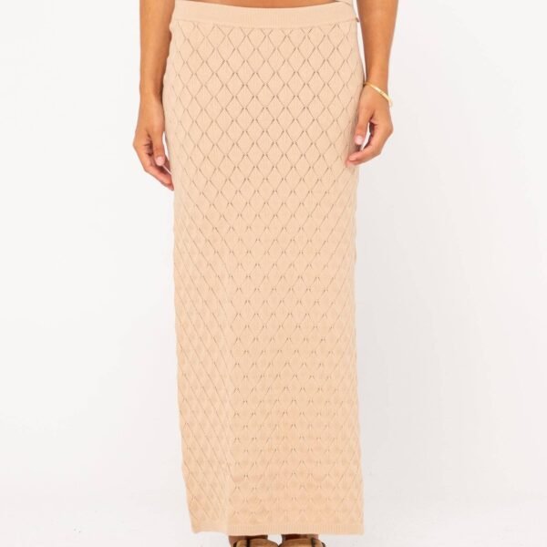 Front view of Rusty Leo Maxi Knit Skirt with diamond pattern and high waist.