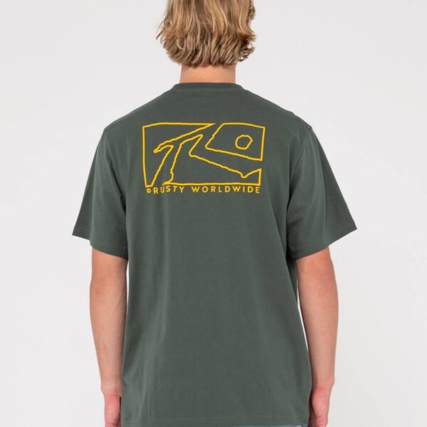 Back view of Rusty Boxed Out Short Sleeve Tee in dark green with yellow graphic.