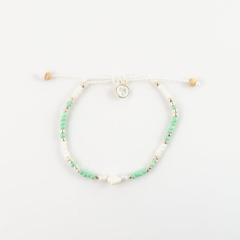 Pineapple Island bracelet SH-077 with green and white beads, adjustable cord.