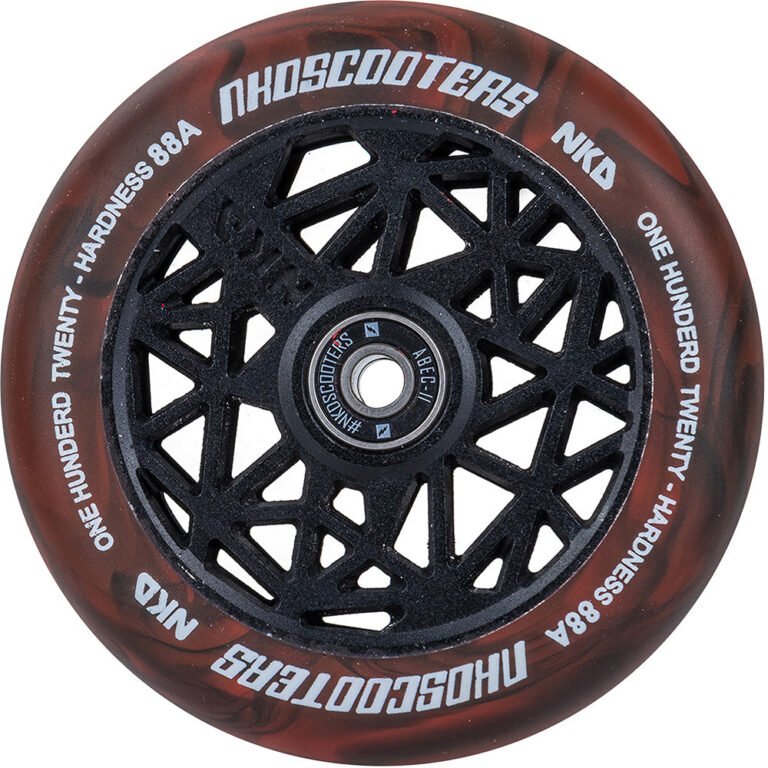 NKD Black Widow stunt scooter wheel with red and black spiderweb design.