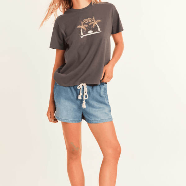 Sisstrevolution Beach Daze Boyfriend Knit Tee in charcoal with palm tree graphic.