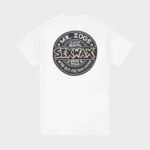 Back view of the Sexwax Word Fade Tee in white featuring bold circular graphic.