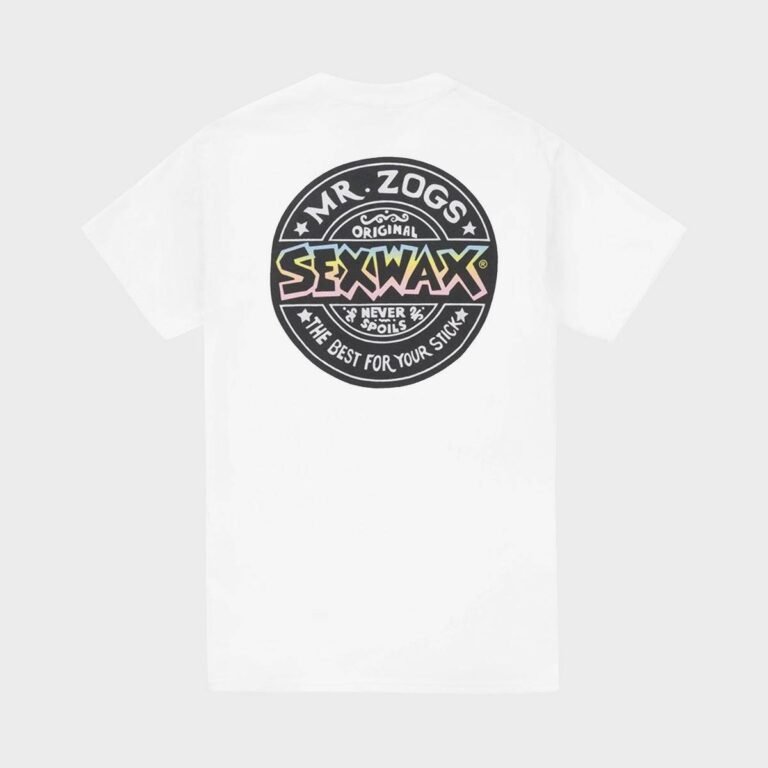 Back view of the Sexwax Word Fade Tee in white featuring bold circular graphic.
