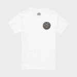 Front view of the Sexwax Word Fade Tee in white with small chest logo design.