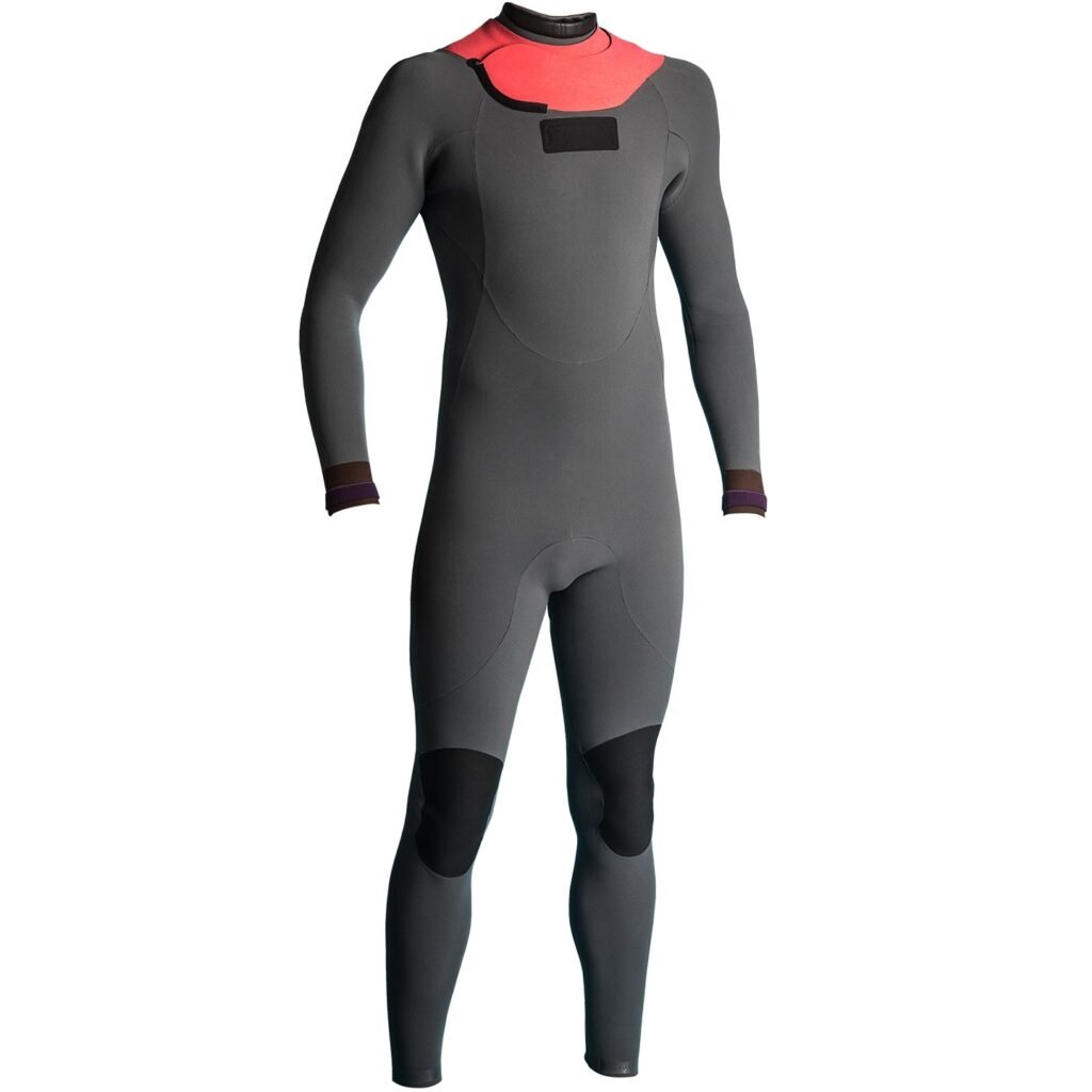 The Vissla Rising Seas wetsuit in sleek gray with red accents, full-body design.