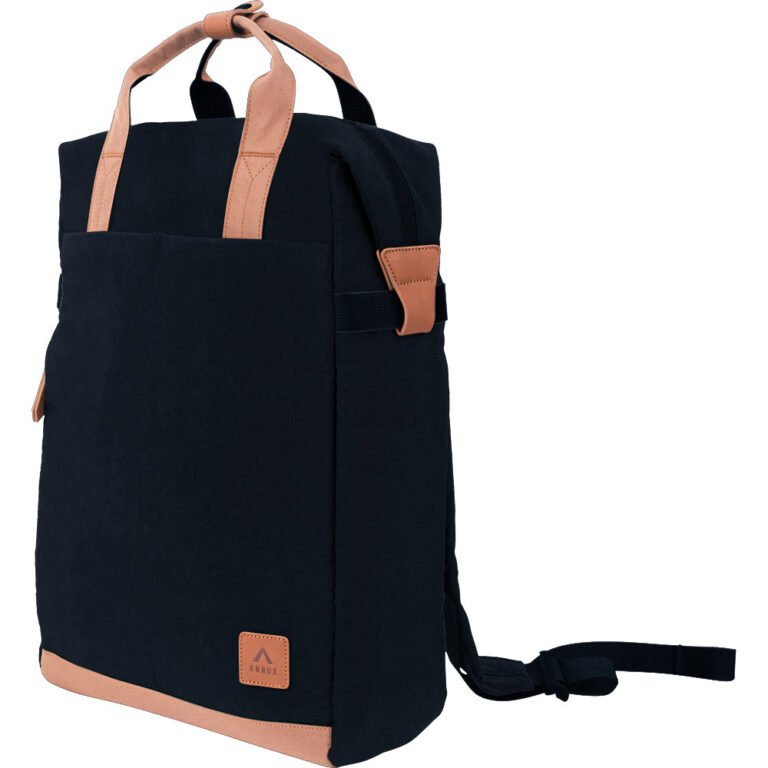 Annox Follow Your Passion Recycle Backpack in black with tan accents.