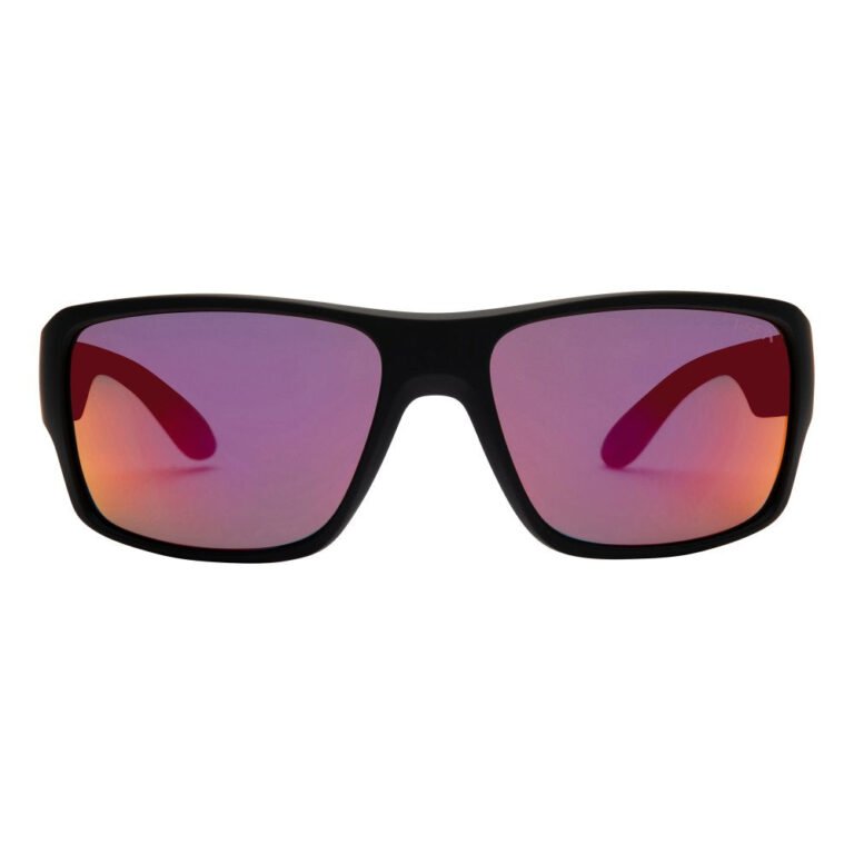 I-Sea Free Bird sunglasses with black frame and red polarized lenses, front view.