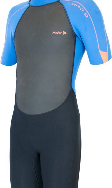 Alder Impact Junior Shortie 3/2 kids wetsuit in Pacific blue and black.