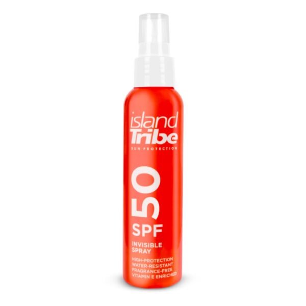 Island Tribe SPF 50 Clear Gel Spray, 100ml, water-resistant, oxybenzone-free.