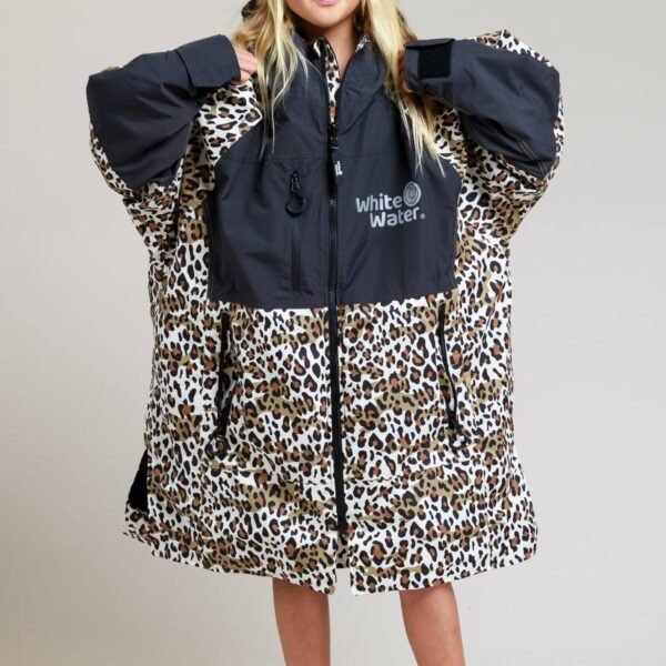White Water kids hard shell robe with leopard print, front view.